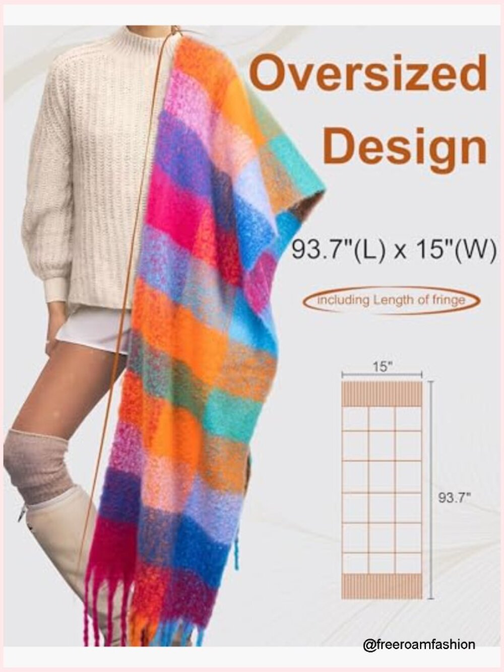 Warm Chunky Knit Blanket Scarf - Oversized Winter Wrap with Fringes - Picture 3 of 7